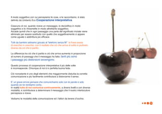 Il modo soggettivo con cui percepiamo le cose, e le raccontiamo, è stato
definito da Umberto Eco Cooperazione interpretativa.

Ciascuno di noi, quando riceve un messaggio, lo decodifica in modo
soggettivo e lo ritrasmette in modo altrettanto soggettivo.
Accade quindi che in ogni passaggio una parte del significato iniziale viene
eliminato per essere sostituito con quello che soggettivamente ci appare
come uguale o addirittura più efficace.

Tutti da bambini abbiamo giocato al “telefono senza fili”: la frase passa
di orecchio in orecchio, con il risultato che ciò che arriva di solito è piuttosto
diverso da ciò che è partito.

La differenza tra ciò che è partito e ciò che arriva aumenta in proporzione
al numero di passaggi che il messaggio ha fatto: tanti più sono
i passaggi più distorsioni avvengono.

Questo processo di cooperazione interpretativa il più delle volte
è inconsapevole. Chiunque di noi è in perfetta buona fede.

Ciò nonostante è uno degli elementi che maggiormente disturba la corretta
comunicazione e più facilmente contribuisce a distorcerne il senso.

Eʼ un grave errore pensare che comunichiamo solo con le parole e solo
quando ce ne rendiamo conto.
In realtà tutto di noi comunica continuamente, a diversi livelli e con diverse
modalità, e contribuisce a determinare il messaggio che il nostro interlocutore
percepisce e riceve.

Vediamo le modalità della comunicazione ed i fattori da tenere dʼocchio.
                                                                                     14
 