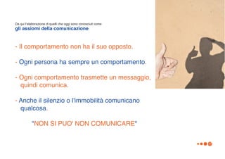 Da qui lʼelaborazione di quelli che oggi sono conosciuti come
gli assiomi della comunicazione:


- Il comportamento non ha il suo opposto.

- Ogni persona ha sempre un comportamento.

- Ogni comportamento trasmette un messaggio,
  quindi comunica.

- Anche il silenzio o l'immobilità comunicano
  qualcosa.

           "NON SI PUO' NON COMUNICARE"

                                                                17
 
