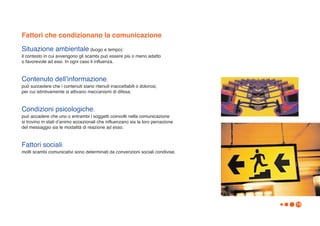 Fattori che condizionano la comunicazione

Situazione ambientale (luogo e tempo):
il contesto in cui avvengono gli scambi può essere più o meno adatto
o favorevole ad essi. In ogni caso li influenza.


Contenuto dellʼinformazione:
può succedere che i contenuti siano ritenuti inaccettabili o dolorosi,
per cui istintivamente si attivano meccanismi di difesa.


Condizioni psicologiche:
può accadere che uno o entrambi i soggetti coinvolti nella comunicazione
si trovino in stati dʼanimo eccezionali che influenzano sia la loro percezione
del messaggio sia le modalità di reazione ad esso.


Fattori sociali:
molti scambi comunicativi sono determinati da convenzioni sociali condivise.




                                                                                 19
 