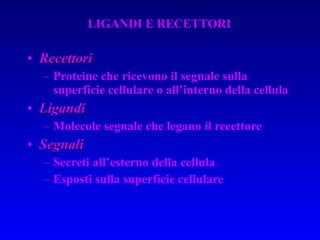 Recettori Proteine che ricevono il segnale sulla superficie cellulare o all’interno della cellula Ligandi Molecole segnale che legano il recettore Segnali Secreti all’esterno della cellula Esposti sulla superficie cellulare LIGANDI E RECETTORI 