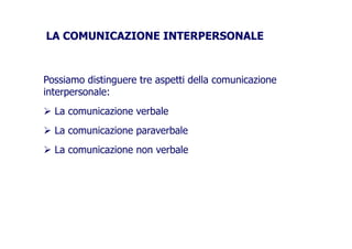 LA COMUNICAZIONE INTERPERSONALELA COMUNICAZIONE INTERPERSONALE
Possiamo distinguere tre aspetti della comunicazione
interpersonale:interpersonale:
La comunicazione verbale
La comunicazione paraverbaleLa comunicazione paraverbale
La comunicazione non verbaleLa comunicazione non verbale
 