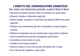 I DIRITTI DEL COMUNICATORE ASSERTIVO
Non esiste una tassonomia generale, quella di Back & Back:Non esiste una tassonomia generale, quella di Back & Back:
Esprimere la propria opinione anche se contrasta con quella altrui.
Ottenere l’ascolto e l’attenzione degli altri.Ottenere l’ascolto e l’attenzione degli altri.
Sentire bisogni, sensazioni e sentimenti che possono differire da quelli
degli altri.
Chiedere (non pretendere) agli altri di rispondere ai propri bisogni e
richieste.
Rifiutare di rispondere ad una richiesta altrui senza sentirsi colpevoli.
Vivere sentimenti ed esprimerli (rispettando quelli altrui).
Commettere errori di tanto in tanto.Commettere errori di tanto in tanto.
Decidere di non essere assertivi.
Essere se stessi e e non come gli altri vorrebbero che si fosse.Essere se stessi e e non come gli altri vorrebbero che si fosse.
Far sì che gli altri rispettino i propri diritti.
 