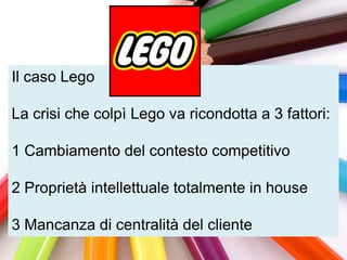 Il caso Lego

La crisi che colpì Lego va ricondotta a 3 fattori:

1 Cambiamento del contesto competitivo

2 Proprietà intellettuale totalmente in house

3 Mancanza di centralità del cliente
 