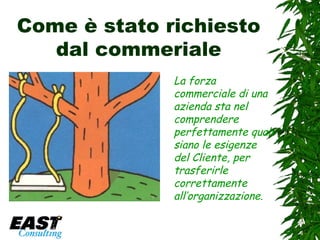 Come è stato richiesto dal commeriale La forza commerciale di una azienda sta nel comprendere perfettamente quali siano le esigenze del Cliente, per trasferirle correttamente all’organizzazione. 