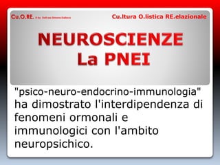 "psico-neuro-endocrino-immunologia"
ha dimostrato l'interdipendenza di
fenomeni ormonali e
immunologici con l'ambito
neuropsichico.
Cu.O.RE. © by Dott.ssa Simona Dalloca Cu.ltura O.listica RE.elazionale
 
