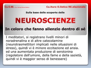 Sulla base delle scoperte delle
I meditatori, si registrano livelli minori di
noradrenalina e di altre catecolamine
(neurotrasmettitori implicati nelle situazioni di
stress), quindi vi è minore eccitazione ed ansia.
ed una aumentata produzione di serotonina
(regolatore dell'umore, della fame e della sazietà,
quindi vi è maggior senso di benessere)
Cu.O.RE. © by Dott.ssa Simona Dalloca Cu.ltura O.listica RE.elazionale
 