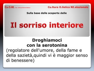 Sulla base delle scoperte delle
Droghiamoci
con la serotonina
(regolatore dell'umore, della fame e
della sazietà,quindi vi è maggior senso
di benessere)
Cu.O.RE. © by Dott.ssa Simona Dalloca Cu.ltura O.listica RE.elazionale
 