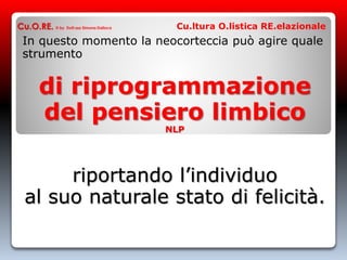 In questo momento la neocorteccia può agire quale
strumento
di riprogrammazione
del pensiero limbico
NLP
riportando l’individuo
al suo naturale stato di felicità.
Cu.O.RE. © by Dott.ssa Simona Dalloca Cu.ltura O.listica RE.elazionale
 