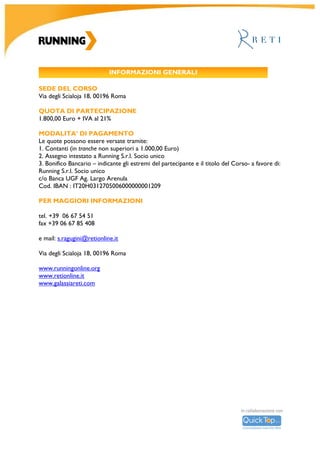 R										
U		
N	
N	
I	
N	
G	
	
A	
C	
A	
D	
E	
M	
Y	
		
	
	
	
	
	
	
	
	
	
	
Strumenti	di	lavoro	del	lobbista:	grassroots	lobbying	
Lobby	è	comunicazione	
Media	affairs:	come	e	dove	nasce	la	notizia	
Lobby	2.0:	l’utilizzo	dei	social	network	per	creare	consenso		
Creazione	di	network:	rubrica,	database	e	social	network		
Event	management:	se,	quando	e	come	organizzare	un	evento		
	
Esercitazioni	
Monitoraggio	istituzionale	e	mappatura	dei	decisori		
Scrittura	di	un	position	paper		
Progettazione	di	un	piano	strategico	di	lobbying	
	
Testimonianze	
Come	le	grandi	aziende	svolgono	l'attività	di	public	affairs:	il	lavoro	del	lobbista		
Come	presentare	all’interno	della	propria	azienda	un	piano	di	lobbying		
	
Informazioni		
	
Costo	
1.500,00	€	iva	inclusa.	
	
Agevolazioni			
Per	gli	associati	Agol,	Manageritalia,	per	gli	ex-Alumni	di	Geopolitica.info	è	prevista	una	riduzione	
pari	al	20%	del	costo	complessivo	del	corso.		
	
Advance	Booking	
Per	coloro	che	si	iscrivono	entro	il	20	ottobre	2017	è	prevista	una	riduzione	pari	al	10%	del	costo	
complessivo	del	corso.	
	
Iscrizione	Multipla	
Sconto	del	20%	per	l’acquisto	di	2	o	più	iscrizioni	da	parte	della	stessa	azienda/ente.		
	
	
	
	
	
 