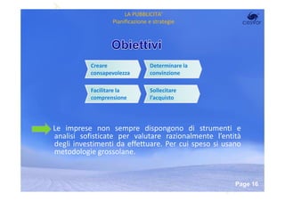 LA PUBBLICITA’
                  Pianificazione e strategie




           Creare                Determinare la
           consapevolezza        convinzione

           Facilitare la         Sollecitare
           comprensione          l’acquisto




Le imprese non sempre dispongono di strumenti e
analisi sofisticate per valutare razionalmente l’entità
degli investimenti da effettuare. Per cui spesso si usano
metodologie grossolane.


                  Powerpoint Templates
                                                       Page 16
 