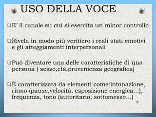 USO DELLA VOCE
E’ il canale su cui si esercita un minor controllo
Rivela in modo più veritiero i reali stati emotivi
e gli atteggiamenti interpersonali
Può diventare una delle caratteristiche di una
persona ( sesso,età,provenienza geografica)
È caratterizzata da elementi come:intonazione,
ritmo (pause,velocità, esposizione energica…),
frequenza, tono (autoritario, sottomesso…)
15
 