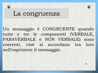 16
La congruenza
Un messaggio è CONGRUENTE quando
tutte e tre le componenti (VERBALE,
PARAVERBALE e NON VERBALE) sono
coerenti, cioè si accordano tra loro
nell’esprimere il messaggio.
 