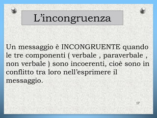17
L’incongruenza
Un messaggio è INCONGRUENTE quando
le tre componenti ( verbale , paraverbale ,
non verbale ) sono incoerenti, cioè sono in
conflitto tra loro nell’esprimere il
messaggio.
 