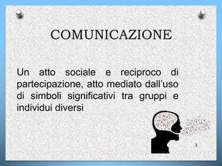 COMUNICAZIONE
Un atto sociale e reciproco di
partecipazione, atto mediato dall’uso
di simboli significativi tra gruppi e
individui diversi
3
 