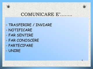 COMUNICARE E’……..
 TRASFERIRE / INVIARE
 NOTIFICARE
 FAR SENTIRE
 FAR CONOSCERE
 PARTECIPARE
 UNIRE
4
 
