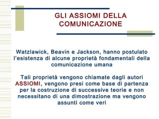 GLI ASSIOMI DELLA
COMUNICAZIONE
Watzlawick, Beavin e Jackson, hanno postulato
l’esistenza di alcune proprietà fondamentali della
comunicazione umana
Tali proprietà vengono chiamate dagli autori
ASSIOMI, vengono presi come base di partenza
per la costruzione di successive teorie e non
necessitano di una dimostrazione ma vengono
assunti come veri
 