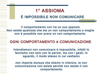 Intendiamoci non comunicare è impossibile, infatti lo
facciamo non solo con le parole, ma con i gesti, lo
sguardo, il modo stesso in cui vestiamo
non importa dunque che stiamo in silenzio, la non
comunicazione non esiste perché non esiste il non
comportamento
1° ASSIOMA
È IMPOSSIBILE NON COMUNICARE
Il comportamento non ha un suo opposto
Non esiste qualcosa che sia un non comportamento o meglio
non è possibile non avere un non comportamento
OGNI COMPORTAMENTO è COMUNICAZIONE
 