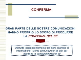 Del tutto indipendentemente dal mero scambio di
informazione, l’uomo comunica con gli altri per
acquisire la consapevolezza di sé
CONFERMA
GRAN PARTE DELLE NOSTRE COMUNICAZIONI
HANNO PROPRIO LO SCOPO DI PRODURRE
LA CONFERMA DEL SÉ
 