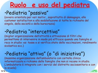 Ruolo e uso del pediatra
  •Pediatria “passiva”
  (ovvero orientata per vari motivi , soprattutto di demagogia, alla
  cus...