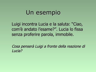 Un esempio Luigi incontra Lucia e la saluta: “Ciao, com’è andato l’esame?”. Lucia lo fissa senza proferire parola, immobile. Cosa penserà Luigi a fronte della reazione di Lucia? 
