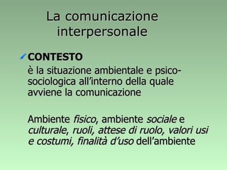 La comunicazione interpersonale CONTESTO è la situazione ambientale e psico-sociologica all’interno della quale avviene la comunicazione Ambiente  fisico , ambiente  sociale  e  culturale ,  ruoli, attese di ruolo, valori usi e costumi, finalità d’uso  dell’ambiente 