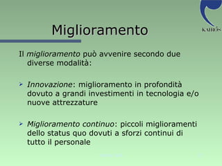 Miglioramento Il  miglioramento  può avvenire secondo due diverse modalità: Innovazione : miglioramento in profondità dovuto a grandi investimenti in tecnologia e/o nuove attrezzature Miglioramento continuo : piccoli miglioramenti dello status quo dovuti a sforzi continui di tutto il personale 