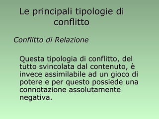 Le principali tipologie di conflitto Conflitto di Relazione Questa tipologia di conflitto, del tutto svincolata dal contenuto, è invece assimilabile ad un gioco di potere e per questo possiede una connotazione assolutamente negativa.  