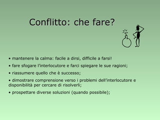 Conflitto: che fare? mantenere la calma: facile a dirsi, difficile a farsi! fare sfogare l’interlocutore e farci spiegare le sue ragioni;  riassumere quello che è successo; dimostrare comprensione verso i problemi dell’interlocutore e  disponibilità per cercare di risolverli; prospettare diverse soluzioni (quando possibile); 