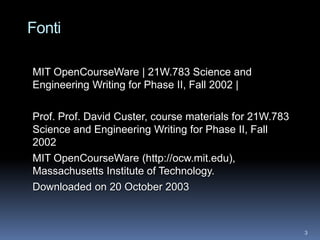 Fonti

MIT OpenCourseWare | 21W.783 Science and
Engineering Writing for Phase II, Fall 2002 |

Prof. Prof. David Custer, course materials for 21W.783
Science and Engineering Writing for Phase II, Fall
2002
MIT OpenCourseWare (http://ocw.mit.edu),
Massachusetts Institute of Technology.
Downloaded on 20 October 2003



                                                         3
 