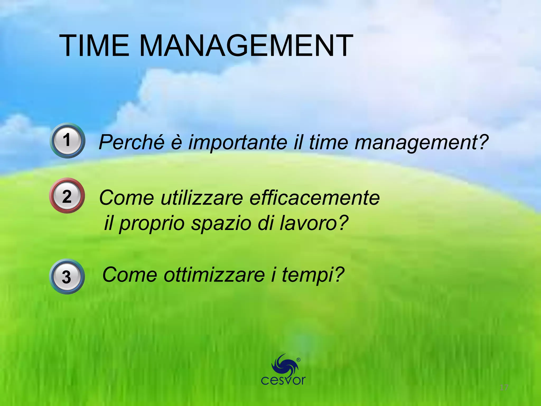 TIME MANAGEMENT

1   Perché è importante il time management?

2   Come utilizzare efficacemente
    il proprio spazio di lavoro?

3   Come ottimizzare i tempi?




                                              17
 