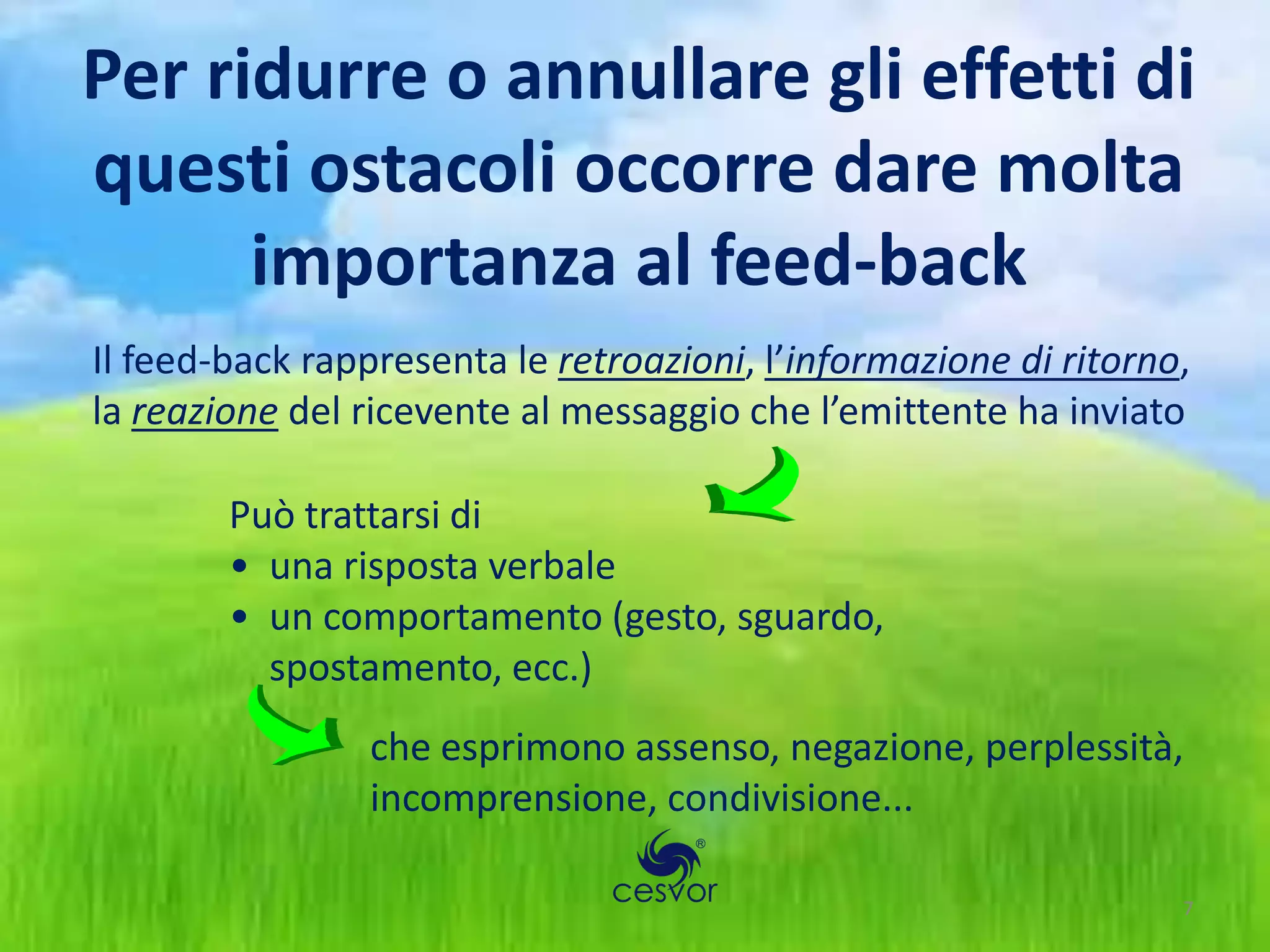 Per ridurre o annullare gli effetti di
questi ostacoli occorre dare molta
      importanza al feed-back
Il feed-back rappresenta le retroazioni, l’informazione di ritorno,
la reazione del ricevente al messaggio che l’emittente ha inviato

        Può trattarsi di
        • una risposta verbale
        • un comportamento (gesto, sguardo,
          spostamento, ecc.)
                che esprimono assenso, negazione, perplessità,
                incomprensione, condivisione...

                                                                  7
 