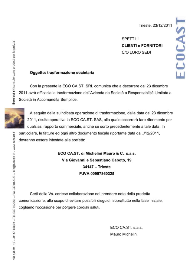 Fac simile lettera ai fornitori trasformazione società