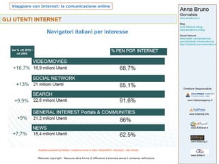 GLI UTENTI INTERNET Navigatori italiani per interesse Fonte IAB da Audiweb by Nielsen Online - Panel Casa e Ufficio Audiweb powered by Nielsen, Audience online in Italia, ottobre2010. Individui2+, dati mensili 