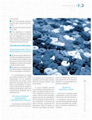 ciclo de EGB.
    Una terminología uniforme
para los dos ciclos de la EGB y
la EM.
   Una reducción del número de
OF y CMO.
    Una repetición, en algunos
casos, de OF y CMO para marcar
que no desaparecen y han de
seguir considerándose en el pro-
ceso continuo de aprendizaje a
lo largo de todo el currículo.

LOS TRES EJES CURRICULARES
COMUNICACIÓN ORAL: TRAS LA
PRODUCCIÓN DE TEXTOS ORALES

   Se promueve que, desde el ini-
cio de la escolaridad, los estudian-
tes tengan oportunidades para
escuchar en forma activa, tomar
la palabra en diversas situaciones
y producir textos orales.
   La audición y la expresión oral
son dos procesos complementa-
rios e inseparables en la práctica.

    En consecuencia, en todos
los niveles aparecen OF y COM          tos, capaces de comprender lo        están los medios de comunica-
relacionados con la audición                                                ción, presentes en la vida estu-
                                       que leen y de formarse opinión
comprensiva de textos, inclu-                                               diantil con su capacidad de en-
                                       sobre los juicios emitidos y los
yendo los mensajes de los me-                                               tretener e informar.
                                       textos leídos.
dios: la participación en situa-
ciones comunicativas orales, la
producción de textos orales y las
                                           El ajuste también permite                ESCRITURA:
                                       que el proceso de la lectura pro-        MANUSCRITA Y DIGITAL
características deseables de la
expresión oral.                        grese a lo largo de todo el currí-
                                       culo, mediante el contacto con       · La escritura se aborda funda-
                                                                            mentalmente como una herra-
    LECTURA: UN PODEROSO               textos cada vez más complejos
                                                                            mienta eficaz de comunicación.
     INSTRUMENTO DE                    desde el punto de vista lingüís-
 CONOCIMIENTO DEL LENGUAJE             tico, conceptual y estructural. Se   · El progresivo dominio de la
                                       da importancia a la lectura de       escritura está orientado a lograr
   Se promueve la formación de         obras literarias, incluyendo las     que los estudiantes se convier-
lectores activos y críticos de tex-    dramáticas. Entre los textos no      tan en escritores autónomos y
                                       literarios que deben ser leídos      creativos.
 