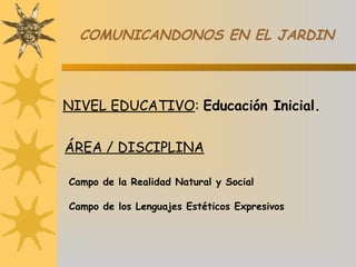 COMUNICANDONOS EN EL JARDIN
NIVEL EDUCATIVO: Educación Inicial.
ÁREA / DISCIPLINA
 
Campo de la Realidad Natural y Social
Campo de los Lenguajes Estéticos Expresivos
 