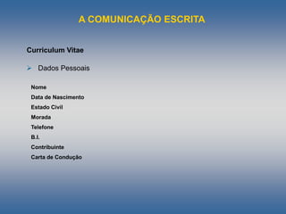 A COMUNICAÇÃO ESCRITA
Curriculum Vitae
 Dados Pessoais
Nome
Data de Nascimento
Estado Civil
Morada
Telefone
B.I.
Contribuinte
Carta de Condução
 