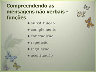 Compreendendo as mensagens não verbais - funçõessubstituiçãocomplementocontradiçãorepetiçãoregulaçãoacentuação