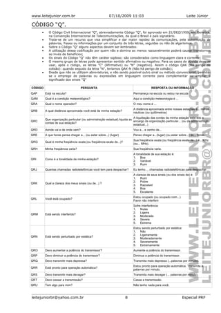 www.leitejunior.com.br 07/10/2009 11:03 Leite Júnior
CÓDIGO “Q”.
• O Código Civil Internacional "Q", abreviadamente Código "Q", foi aprovado em 21/DEZ/1959, em Genebra,
na Convenção Internacional de Telecomunicações, da qual o Brasil é país signatário.
• Trata-se de um recurso que visa simplificar e dar maior rapidez às comunicações, pela substituição de
palavras, frases ou informações por um conjunto de três letras, seguidas ou não de algarismos.
• Sobre o Código "Q" alguns aspectos devem ser lembrados:
• A utilização dessa codificação por quem não a domina ao menos razoavelmente poderá causar transtornos
ao invés de benefícios;
• Os sinais do Código "Q" não têm caráter sigiloso; são considerados como linguagem clara e corrente;
• O mesmo grupo de letras pode apresentar sentido afirmativo ou negativo. Para os casos de dúvida deve-se
usar, após o código, as letras "C" (Afirmativo) ou "N" (negativo). Assim o código QAK (Há perigo de
colisão): quando seguido da letra "N", teríamos QAK-N (Não há perigo de colisão);
• Desde que não se utilizem abreviaturas, e não sendo possível outro sinal ou método convencional, permite-
se o emprego de palavras ou expressões em linguagem corrente para complementar ou ampliar o
significado dos sinais "Q"
CÓDIGO PERGUNTA RESPOSTA OU INFORMAÇÃO
QAP Está na escuta? Permaneça na escuta ou estou na escuta
QAM Qual é a condição meteorológica? Aqui a condição meteorologia é ...
QRA Qual o nome operador? O meu nome é ...
QRB A qual distância aproximada você está da minha estação?
A distância aproximada entre nossas estações é... milhas
náuticas (ou quilômetros)
QRC
Que organização particular (ou administração estadual) liquida as
contas de sua estação?
A liquidação das contas da minha estação está sob o
encargo da organização particular... (ou da administração
estadual...)
QRD Aonde vai e de onde vem? Vou a... e venho de...
QRE A que horas pensa chegar a... (ou estar sobre...) (lugar) Penso chegar a...(lugar) (ou estar sobre...) às... horas.
QRG Qual é minha freqüência exata (ou freqüência exata de...)?
Sua freqüência exata (ou freqüência exata de...) é... KHz
(ou... MHz).
QRH Minha freqüência varia? Sua freqüência varia.
QRI Como é a tonalidade de minha estação?
A tonalidade de sua estação é:
1. Boa
2. Variável
3. Ruim
QRJ Quantas chamadas radiotelefônicas você tem para despachar? Eu tenho ... chamadas radiotelefônicas para despachar.
QRK Qual a clareza dos meus sinais (ou de...) ?
A clareza de seus sinais (ou dos sinais de) é:
1. Ruim
2. Pobre
3. Razoável
4. Boa
5. Excelente
QRL Você está ocupado?
Estou ocupado (ou ocupado com...).
Favor não interferir
QRM Está sendo interferido?
Sofre interferência:
1. Nulas
2. Ligeira
3. Moderada
4. Severa
5. Extrema
QRN Está sendo perturbado por estática?
Estou sendo perturbado por estática:
1. Não
2. Ligeiramente
3. Moderadamente
4. Severamente
5. Extremamente
QRO Devo aumentar a potência do transmissor? Aumente a potência do transmissor.
QRP Devo diminuir a potência do transmissor? Diminua a potência do transmissor.
QRQ Devo transmitir mais depressa? Transmita mais depressa (...palavras por minuto).
QRR Está pronto para operação automática?
Estou pronto para operação automática. Transmita à...
palavras por minuto.
QRS Devo transmitir mais devagar? Transmita mais devagar (... palavras por minuto).
QRT Devo cessar a transmissão? Cesse a transmissão.
QRU Tem algo para mim? Não tenho nada para você.
leitejuniorbr@yahoo.com.br 8 Especial PRF
 