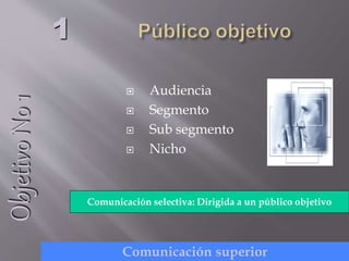 Audiencia
 Segmento
 Sub segmento
 Nicho
1
Comunicación selectiva: Dirigida a un público objetivo
ObjetivoNo1
Comunicación superior
 