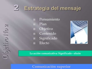  Pensamiento
 Plan
 Objetivo
 Contenido
 Significado
 Efecto
2
La acción comunicativa: Significado - efecto
ObjetivoNo2
Comunicación superior
 
