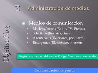  Medios de comunicación
 Masivos/masas (Radio, TV, Prensa)
 Selectivos (Revistas, cine)
 Alternativos (Exteriores, populares)
 Emergentes (Electrónico, internet)
3
Según la naturaleza del medio: El significado de su contenido
ObjetivoNo3
Comunicación superior
 