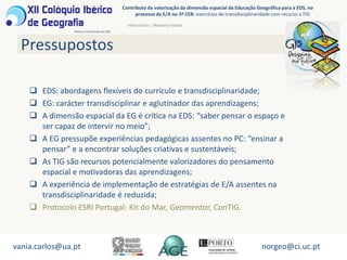 PressupostosContributo da valorização da dimensão espacial da Educação Geográfica para a EDS, no processo de E/A no 3º CEB: exercícios de transdisciplinaridade com recurso a TIGVânia Carlos | Norberto SantosEDS: abordagens flexíveis do currículo e transdisciplinaridade;