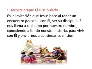• Tercera etapa: El Discipulado
Es la invitación que Jesús hace al tener un
encuentro personal con Él, ser su discípulo. Él
nos llama a cada uno por nuestro nombre,
conociendo a fondo nuestra historia, para vivir
con Él y enviarnos a continuar su misión.
 