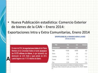 Anexos
• Nueva Publicación estadística: Comercio Exterior
de bienes de la CAN – Enero 2014:
Exportaciones Intra y Extra Comunitarias, Enero 2014
 