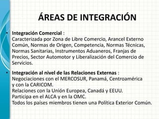 ÁREAS DE INTEGRACIÓN
• Integración Comercial :
Caracterizada por Zona de Libre Comercio, Arancel Externo
Común, Normas de Origen, Competencia, Normas Técnicas,
Normas Sanitarias, Instrumentos Aduaneros, Franjas de
Precios, Sector Automotor y Liberalización del Comercio de
Servicios.
• Integración al nivel de las Relaciones Externas :
Negociaciones con el MERCOSUR, Panamá, Centroamérica
y con la CARICOM.
Relaciones con la Unión Europea, Canadá y EEUU.
Participa en el ALCA y en la OMC.
Todos los países miembros tienen una Política Exterior Común.
 