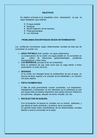 OBJETIVOS
Su objetivo principal en la actualidad como urbanización es que se
sigue trabajando para obtener:
 El agua potable
 Desague
 Recibir titulación de los terrenos.
 Pista pavimentada
 Luz individual
PROBLEMAS ENCONTRADAS SEGÚN DETERMINANTES
Los problemas encontrados según determinantes sociales de este tipo de
comunidad no cuenta con:
 AGUA POTABLE (solo cuentan con agua subterránea)
La consecuencia de no contar con agua potable en la comunidad es
que sufren de infecciones gastrointestinales, problemas
dermatológicos y entre otros.
 LUZ INDIVIDUAL (porque la luz es compartida)
tiene el problema de que cada socio que no paga afecta a todos
aumentando el costo de la luz.
 DESAGUE
Al no contar con desagüe tienen la problemática de que el agua en
épocas de lluvia ingresa a la vivienda de los habitantes y no cuentan
con pozo séptico.
 PISTA PAVIMENTADA
A falta de pista pavimentada ocurren accidentes. Los estudiantes,
trabajadores y transeúntes se ven afectados por la polvareda ya que
eso causa daño al sistema respiratorio que puede provocar irritación a
los pulmones, alergias, ataques de asma, resuello, tos, etc.
 RECOLECTOR DE BASURA
Con el recolector de basura no cumplen con su horario destinado, y
eso afecta al medio ambiente y al entorno de la comunidad.
En general todas estas características de los determinantes sociales
afectan a toda la comunidad en la salud.
 