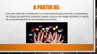 A PARTIR DE:
• ESTA IDEA PARTE DEL COMPROMISO Y LA PARTICIPACIÓN EDUCATIVA DE LA COMUNIDAD,
SE ESTABLECEN OBJETIVOS COMUNES, DANDO LUGAR A UN CAMBIO SISTÉMICO A TRAVÉS
DE LA INCORPORACIÓN DE ACTUACIONES EDUCATIVAS.
 