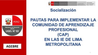 1
Socialización
PAUTAS PARA IMPLEMENTAR LA
COMUNIDAD DE APRENDIZAJE
PROFESIONAL
(CAP)
EN LAS IE DE LIMA
METROPOLITANA
AGEBRE
 