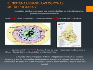EL SISTEMA URBANO: LAS CORONAS
METROPOLITANAS
La ciudad de Madrid se ha proyectado en el territorio más allá de sus límites administrativos,
generando una gran área metropolitana.
límites difusos y cambiantes /// coronas metropolitanas irradiación de la ciudad central.
La ciudad central funciones de más alto rango = relaciones de interdependencia e
intensos flujos pendulares residencia-trabajo o residencia-servicios.
El desarrollo del área metropolitana de Madrid está ligado al crecimiento urbano-industrial
iniciado en el siglo XX. La primera fase de industrialización repercutió en la expansión demográfica de los
núcleos rurales del entorno de la ciudad, afianzando su función de “barrios dormitorio” y áreas de localización
industrial.
 