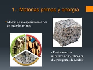 1.- Materias primas y energía
Madrid no es especialmente rica
en materias primas
• Destacan cinco
minerales no metálicos en
diversas partes de Madrid
 